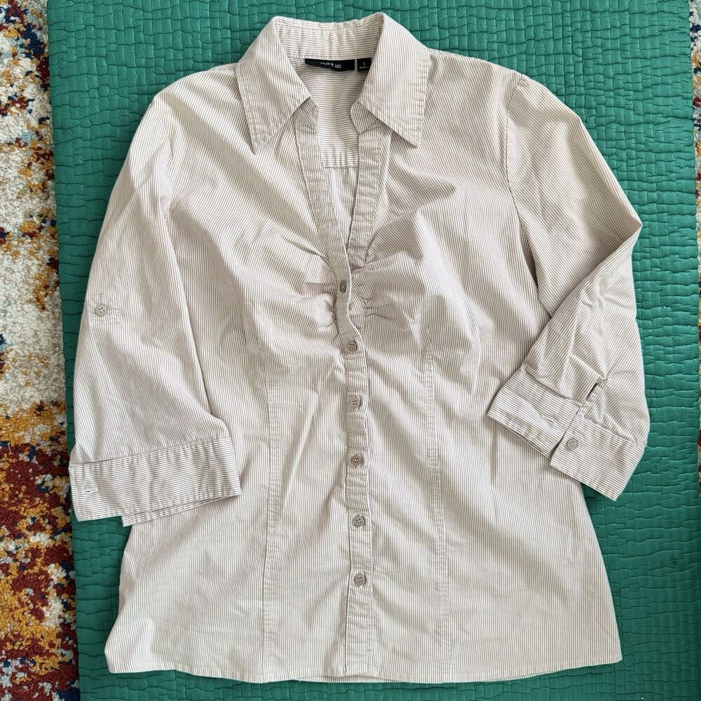 VTG Apt. 9 Long Sleeve Structured Shirt Sz S Beige Pinstripes Ruched Bust Office